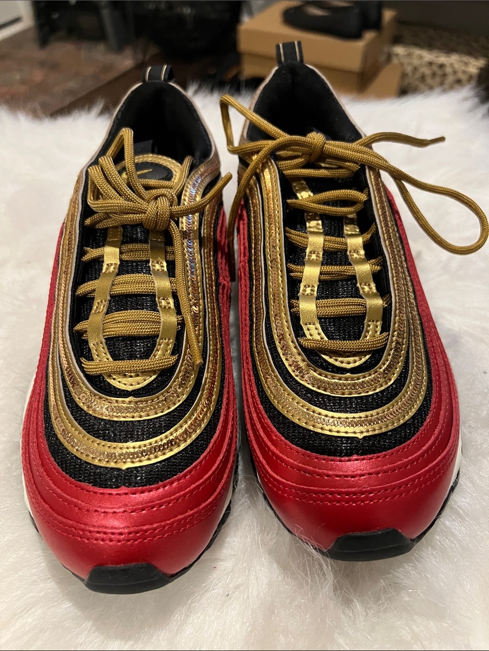 Nike Women’s Athletic Shoes in Red, Gold, and Black